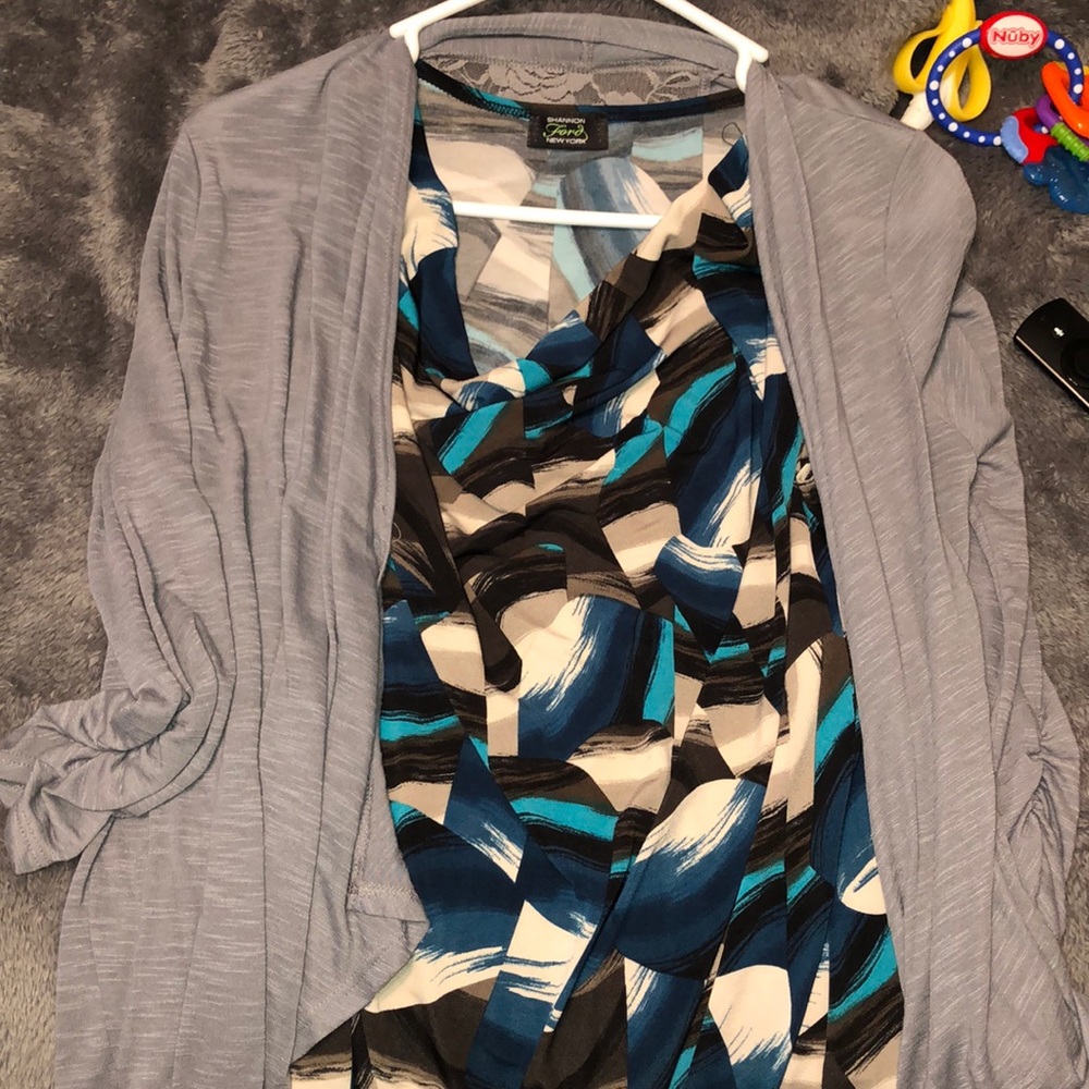 gray cardigan with shirt attached
